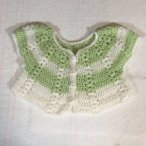 Hand Crocheted Baby Toddler Green and White Short Sleeve Button Up Sweater
